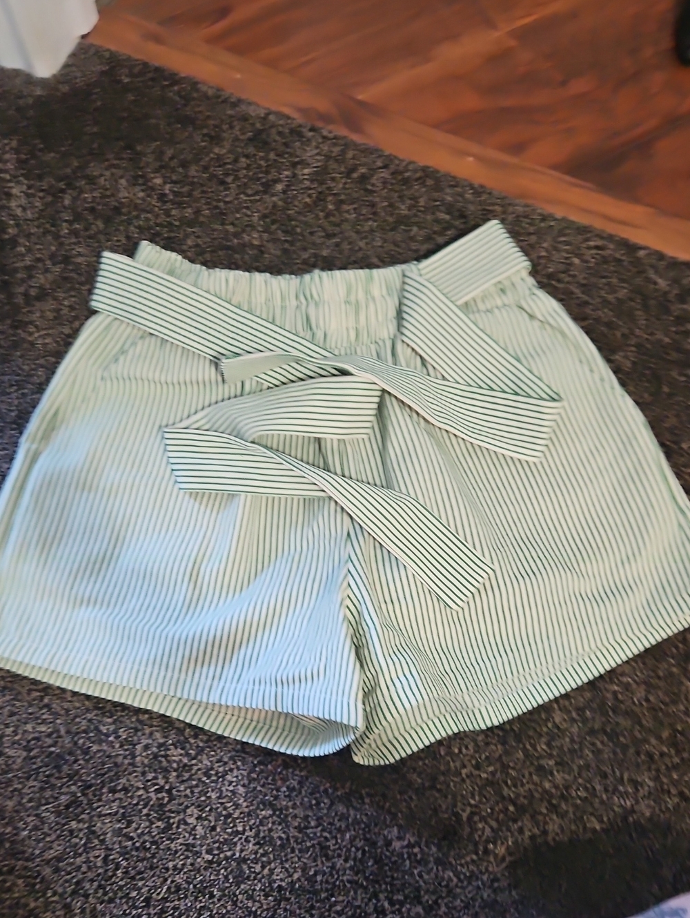 High-Waist Paperbag Stripe Shorts in Mint/White